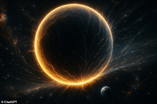Scientists say that the universe has a 'self-destruct button' called false vacuum decay. The idea is that the cosmos is not at its most stable state, if it is ever pushed into this state a vast sphere of energy will consume everything in existence (AI-generated impression)