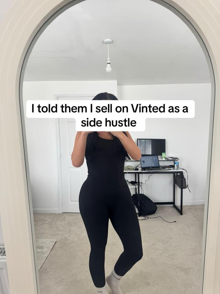 Woman in black leggings reflected in a mirror, text overlay says she sells on Vinted as a side hustle.