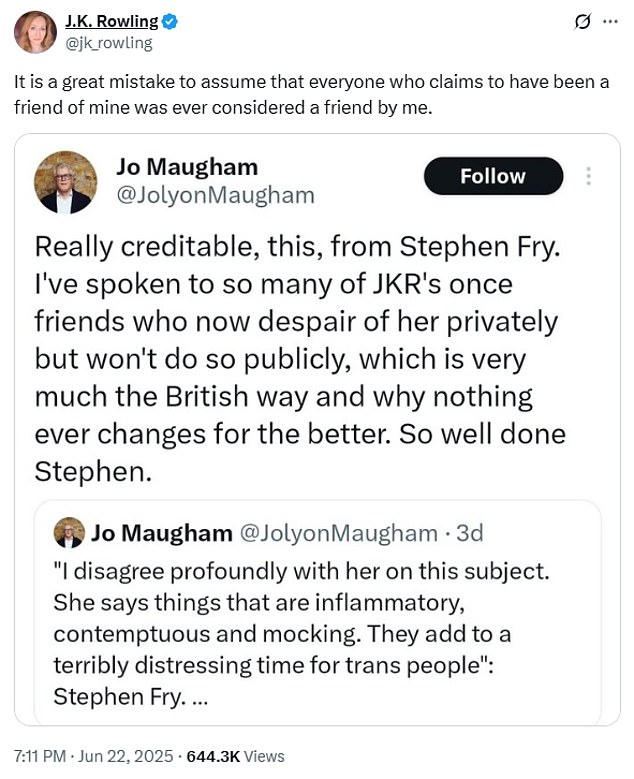 British barrister Jo Maugham echoed Stephen Fry's suggestions that he and JK Rowling were friends on social media - a claim the author then denied