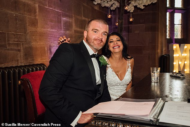 Lawyer Susilla Mercer, 44, pictured on the day of her lavish £60,000 wedding to Gerard Flynn at Peckforton Castle in Cheshire in 2020