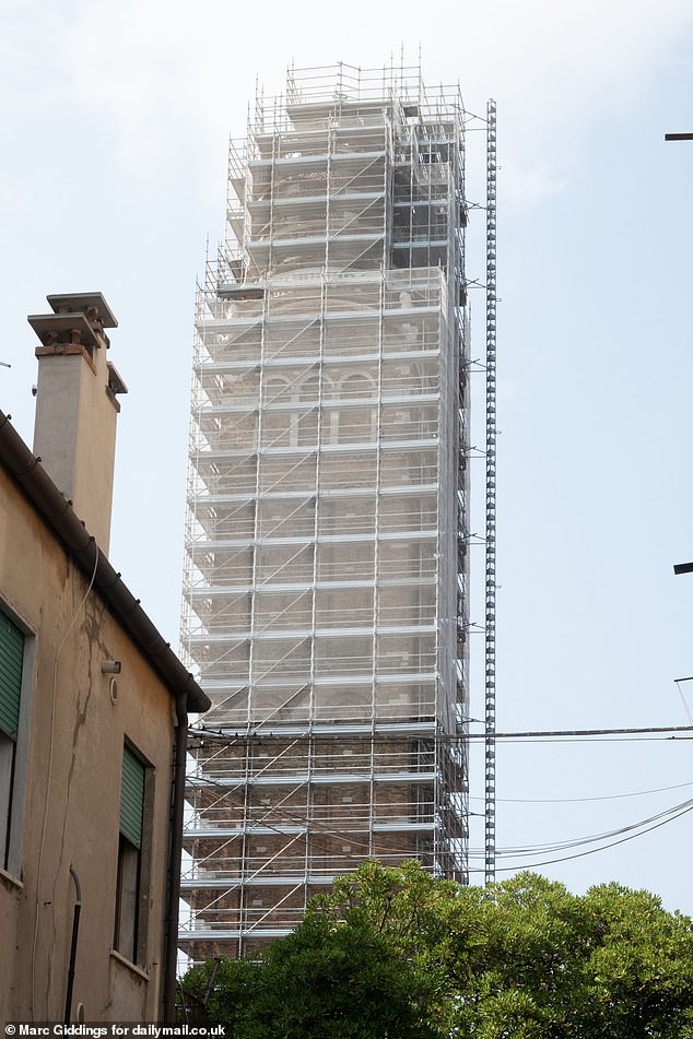 The historic venue that multi-billionaire Jeff Bezos has chosen for part of his $20 million Venice wedding with Lauren Sanchez is covered in scaffolding. Pictured: 15th Century Madonna dell Orto church covered in scaffolding