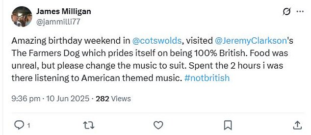 James Milligan said on X: 'Spent the two hours I was there listening to American themed music'