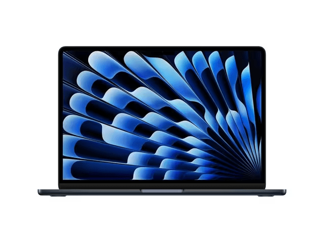 Laptop with blue abstract design on screen.