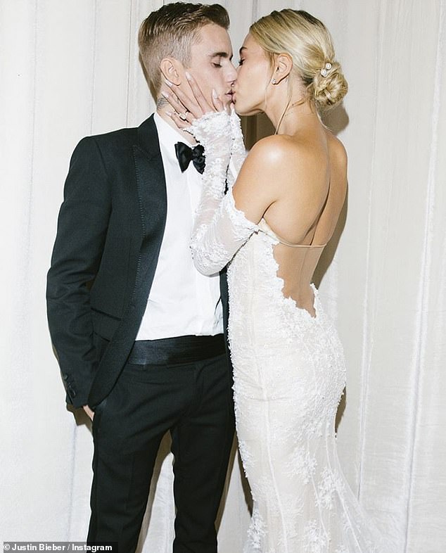 Justin and Hailey sharing a passionate kiss during their nuptials in September 2019