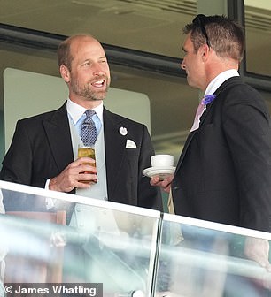 Looking relaxed and in his element, Prince William , 42, was pictured enjoying what appeared to be a Pimm's after putting on an animated display while watching the races