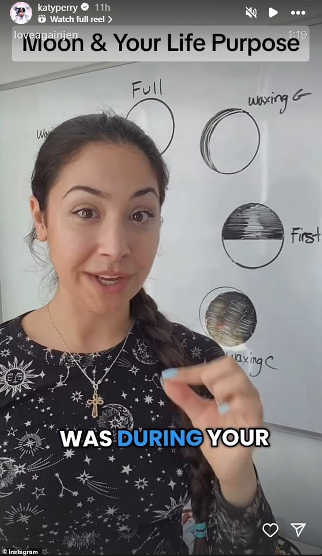The clip claimed a person's purpose in life is determined by the phase of the moon on the day of their birth, with Katy indicating her purpose is to start 'new chapters'