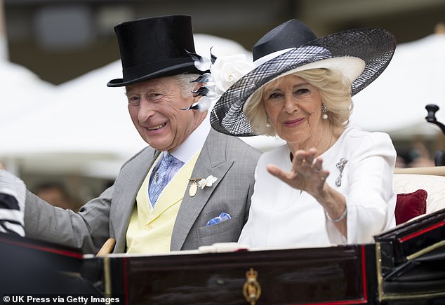 King Charles and Queen Camilla are pictured arriving on day five of Royal Ascot on Saturday