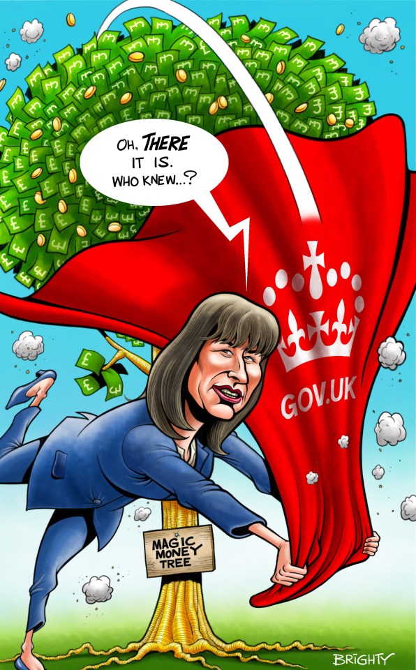 Illustration of a woman pulling a UK government cape revealing a money tree.