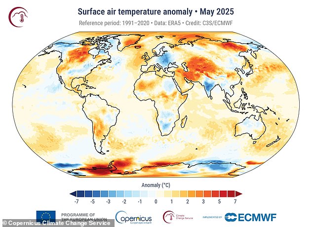 May 2025 was the second-warmest May on record globally. This map shows where Earth suffered extremes in terms of heat last month, compared to the 1991-2020 reference period