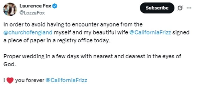 The actor turned politician shared the news today in a message on X