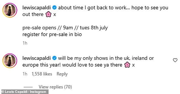 After his emotional return to the festival, Lewis thrilled fans once more as he revealed he's set to head on the road in September, humorously noting on Instagram that it's 'about time I got back to work'