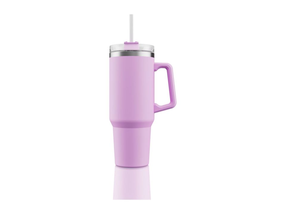 Purple travel mug with straw and handle.
