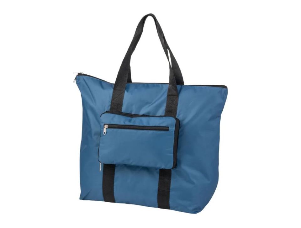 Blue foldable tote bag with a smaller zippered pocket.