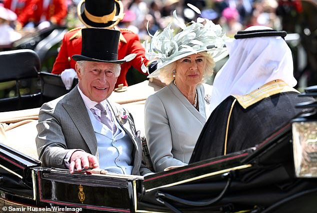 King Charles, 76, and Queen Camilla, 77, both fans of racing, arrived in the famous carriage procession