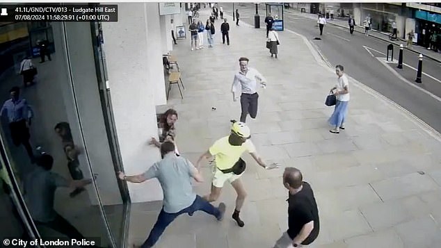 The shocking moment a phone snatcher is captured being knocked off his bike by furious Londoners before losing a shoe that police later used to catch him was caught on CCTV.