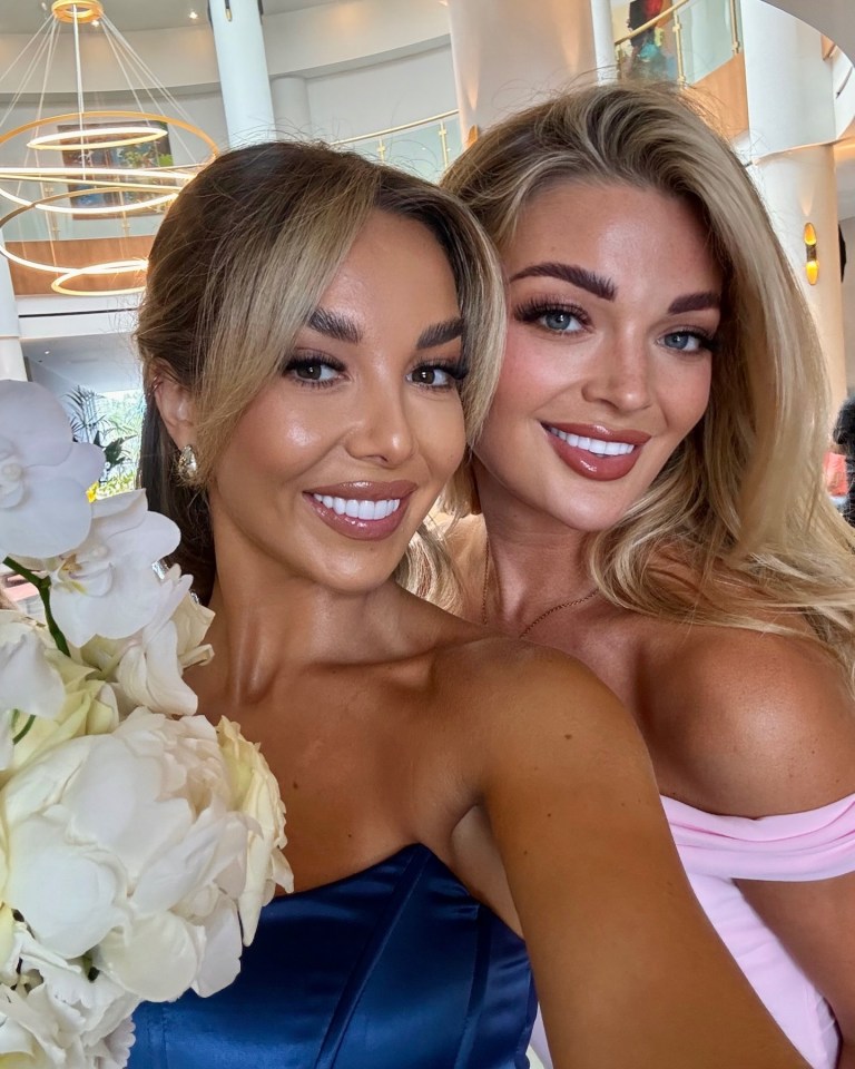 Two women at a wedding, one in a blue dress and the other in pink.