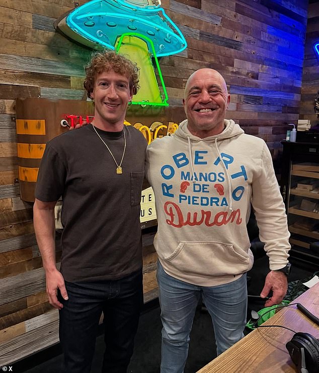 Zuckerberg's remarks - made as an aspiring MMA fighter - sparked discomfort among employees at Meta, the parent company of Facebook and Instagram. Pictured: Mark Zuckerberg (left) with Joe Rogan (right)