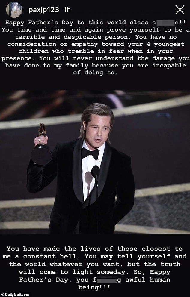 Never forget what Pax wrote on social media on Father's Day in 2020, alongside a photo of Pitt with his Best Actor Oscar (pictured).