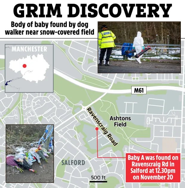 Map showing location where a baby's body was found in Salford.