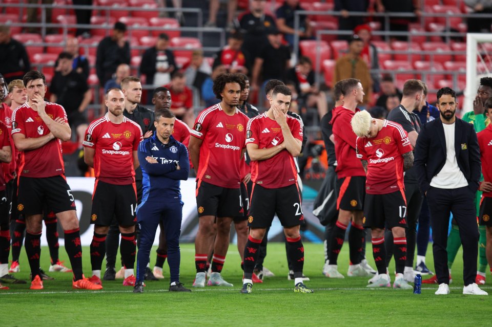 Manchester United players looking dejected after a soccer game.