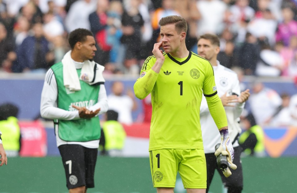 STUTTGART, GERMANY - JUNE 8: Goalkeeper Marc-Andre ter Stegen of Germany looks dejected after the UEFA Nations League 2025 third place match between Germany and France at Stuttgart Arena on June 8, 2025 in Stuttgart, Germany. (Photo by Sebastian El-Saqqa - firo sportphoto/Getty Images)