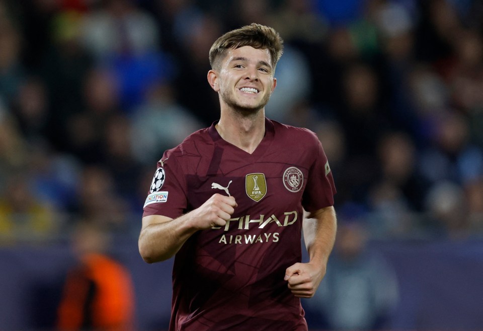 James McAtee of Manchester City celebrating a goal.