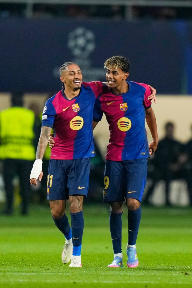 Raphinha and Lamine Yamal celebrating a goal.