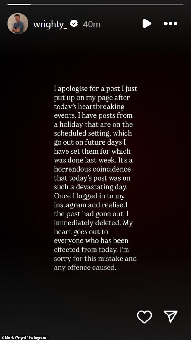 Just moments later he removed the post and shared a statement to his Instagram Stories, explaining that the post was scheduled