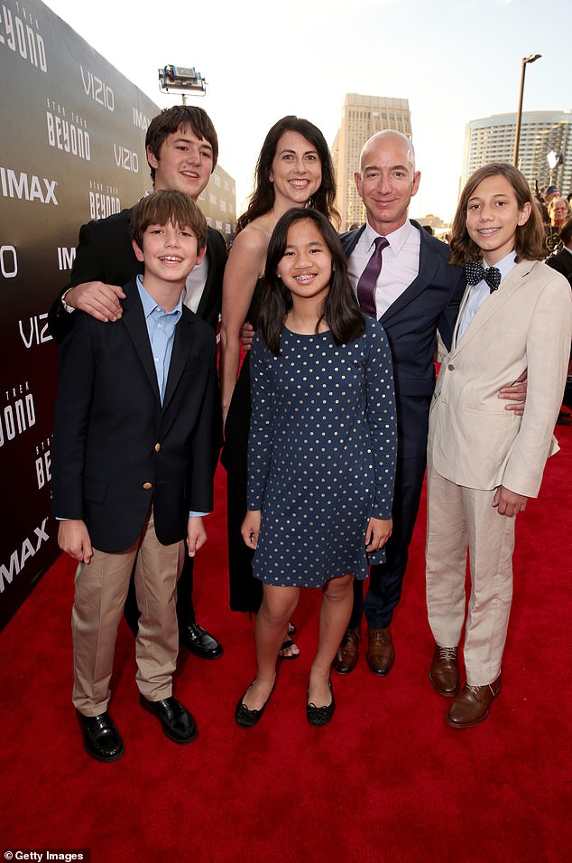 Bezos is seen in a rare photo with his children in 2016 at the Star Trek Beyond film premiere