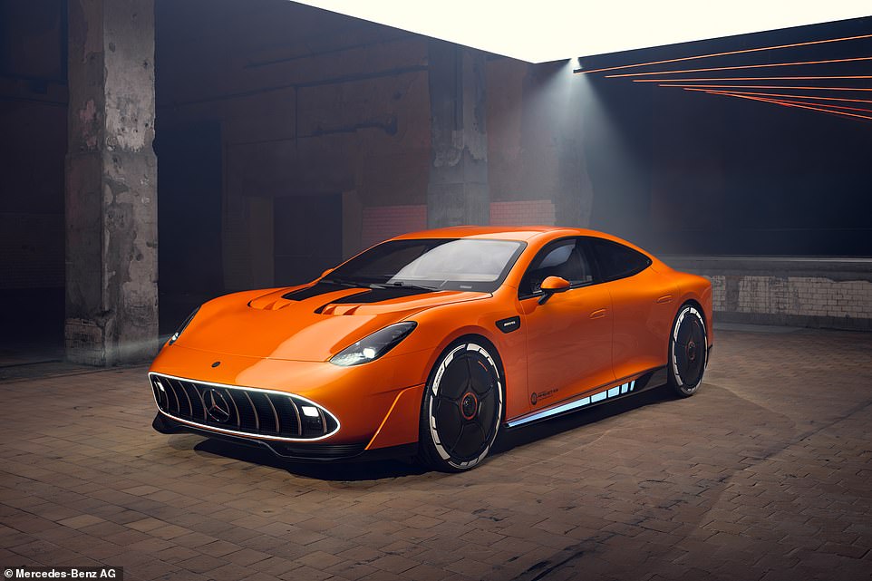 Mercedes' electric family supercar of tomorrow: As radical as this bright orange concept car looks, the German giant says the production version of the four-door coupe will be launched next year - and promises to 'lift EV performance and endurance to a completely new level'