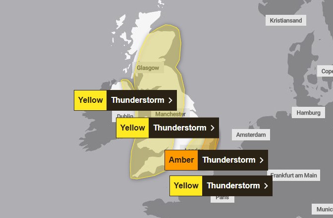 UK thunderstorm warning map.