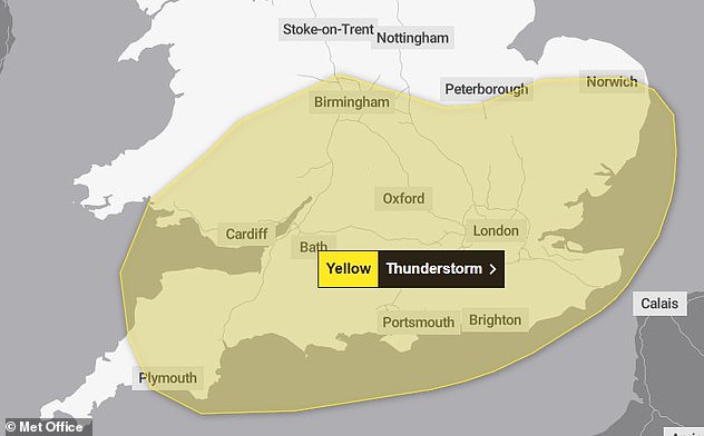 The Met Office yellow thunderstorm warning will be active from 9am until 6pm tomorrow