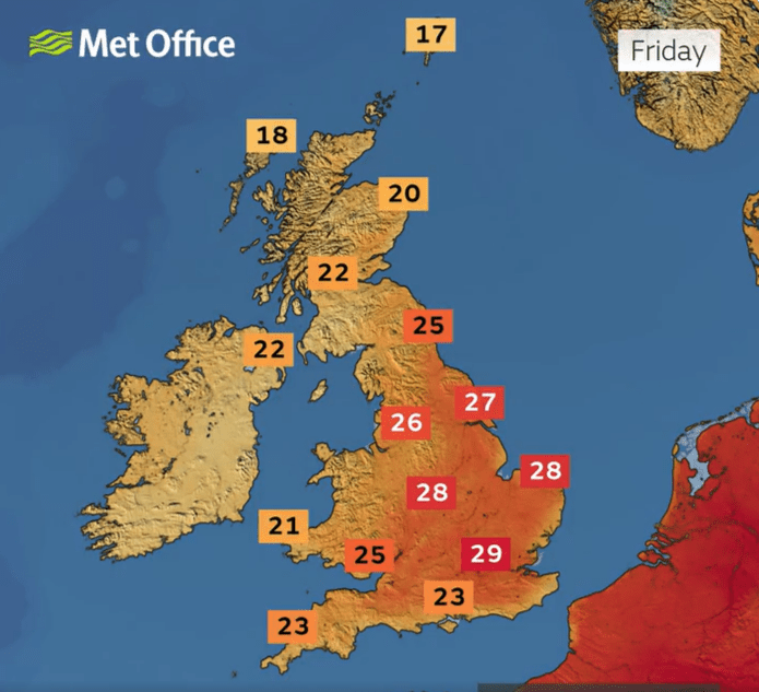 UK weather forecast map showing temperatures.