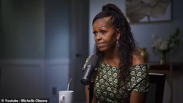 Michelle Obama (pictured on her podcast IMO) has said she is 'glad' she never had a son because he would have turned out like her husband - as their unhappy marriage rumours refuse to go away