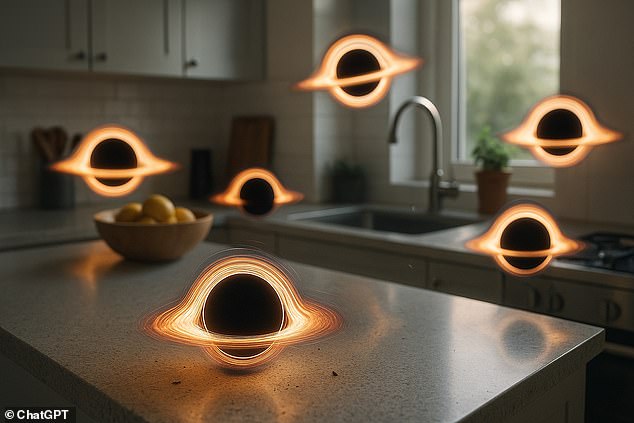 Scientists say that thousands of tiny black holes are passing through your home every year, and you would never even notice they are there (AI impression)