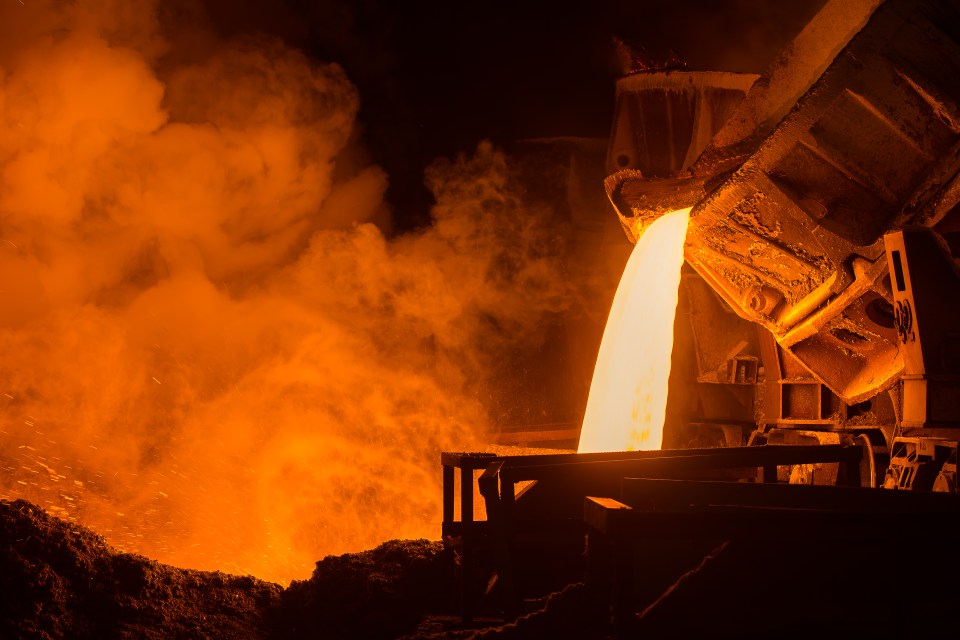 Molten steel pouring at a steel plant.