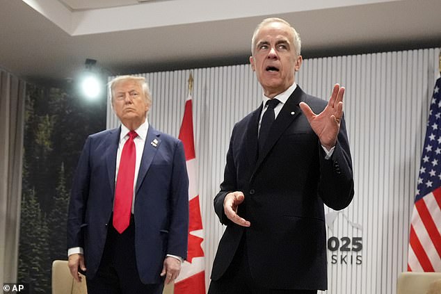 Canadian Prime Minister Mark Carney (right) abruptly interrupted a Q&A session with reporters alongside President Donald Trump (left) during their bilateral meeting to kick off the G7 Summit in Kananaskis, Canada on Monday