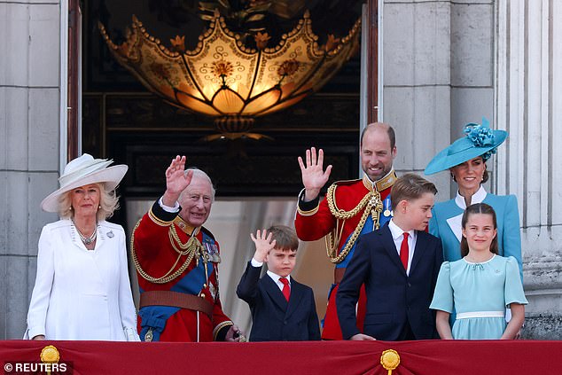 The King, Prince of Wales and Prince Louis all wave to the cheering crowds gathered outside Buckingham Palace