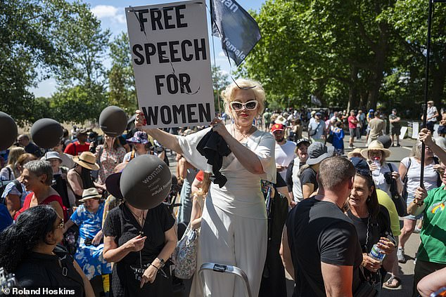 Up to 75 protesters gathered in London's Hyde Park this afternoon for a Let Women Speak event, spearheaded by campaigner Kellie-Jay Keen (pictured in white)