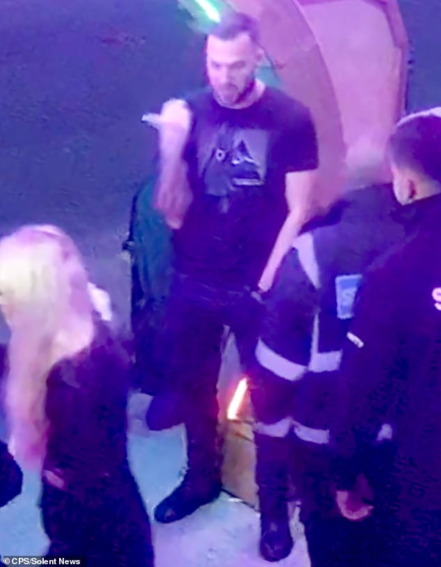 Charlie Pottow can be seen having discussions with the bar's security in front of PC Tyler McWalter (above, wearing black) who is inhaling a vape