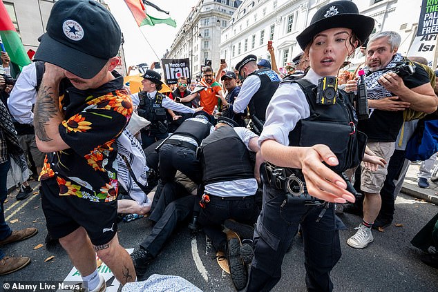 The Met Police said it chased a suspect through the crowd down the Strand after a bottle was thrown at counter-protesters and apprehended them