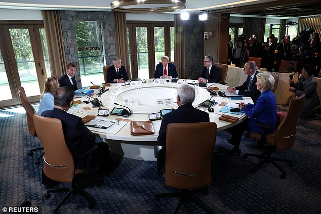 Pictured: G7 leaders and guests attending a meeting at the G7 summit in Kananaskis, Alberta, Canada