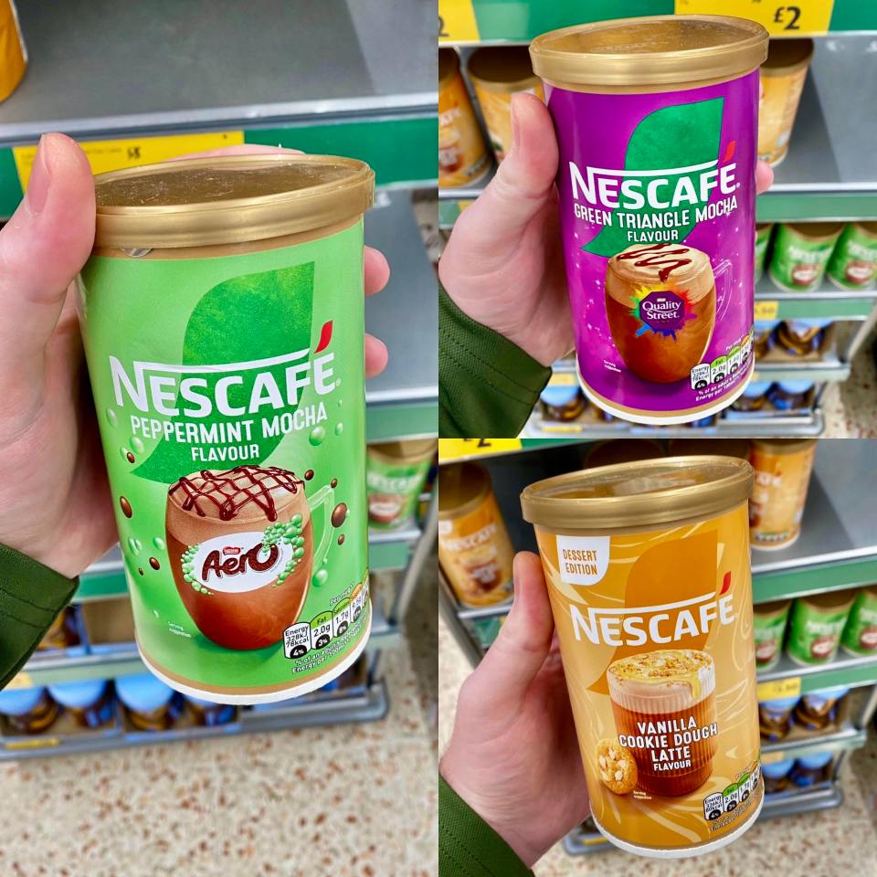 Collage of three Nescafé coffee drink flavors: Peppermint Mocha, Green Triangle Mocha, and Vanilla Cookie Dough Latte.