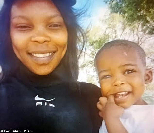 A mother appeared in court yesterday charged along with a 'witch doctor' of the brutal murder of her two-year-old daughter who she sold for £1,350 and was later found buried in a shallow grave. Pictured: Murdered daughter Kutlwano Shalaba with mother Kuneuwe Shalaba
