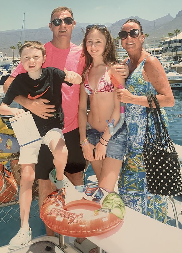 Emma Hickey and her partner Stephen Brougham took their two children to Costa Adeje, Tenerife, Spain , on June 13th for a sun-soaked 12-day getaway. Pictured left to right: Bobby Hickey, seven, Stephen Brougham, 44, Sophie Hickey, 13 and Emma Hickey, 42