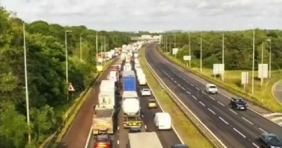 Aerial view of a motorway traffic jam.