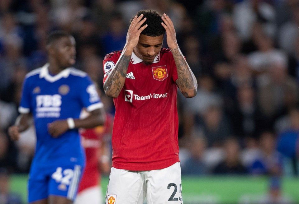 Jadon Sancho of Manchester United looking dejected during a soccer match.