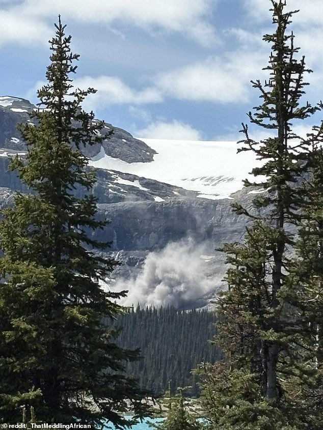 Pictured: A rockslide near Bow Glacier Falls in Banff National Park on Thursday afternoon kicked up a mountain of dust and debris