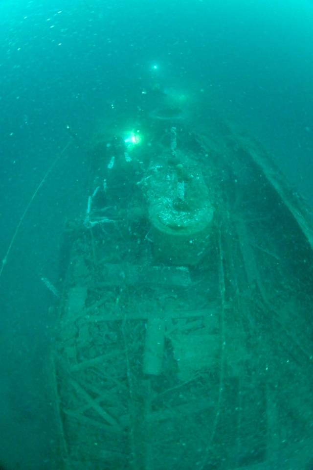 Underwater view of the SS Nantes shipwreck.