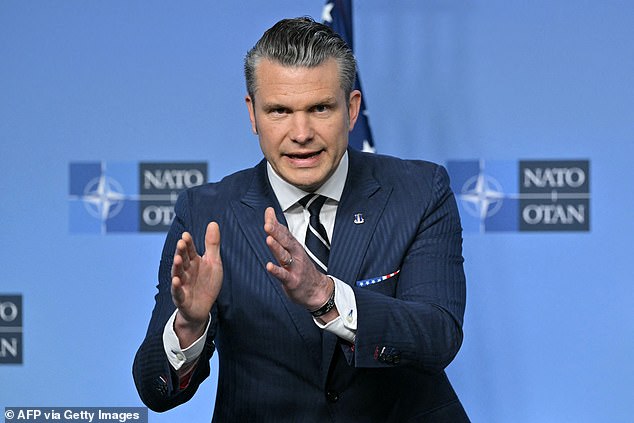 Pete Hegseth speaks as he delivers remarks with NATO Secretary General before a Defence Ministers meeting at the NATO headquarters, in Brussels, on June 5, 2025